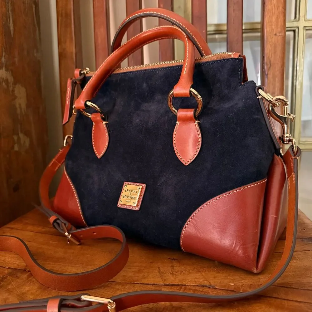 Dooney & Bourke Florentine Leather Suede Satchel Navy Cognac Crossbody Bag - Picture 7 of 15